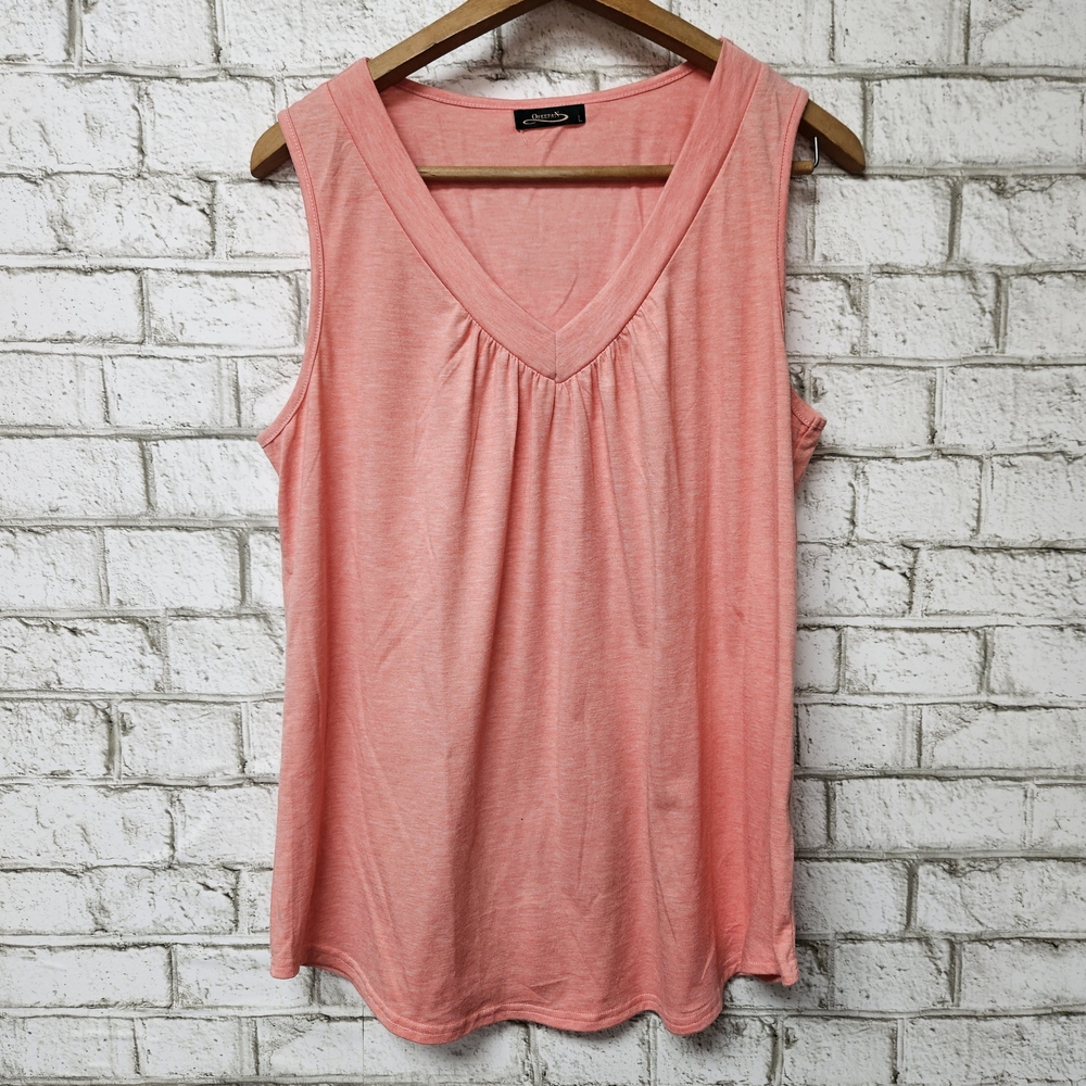 Ofeefan Women's Coral V-Neck Flowy Sleeveless Top Size L